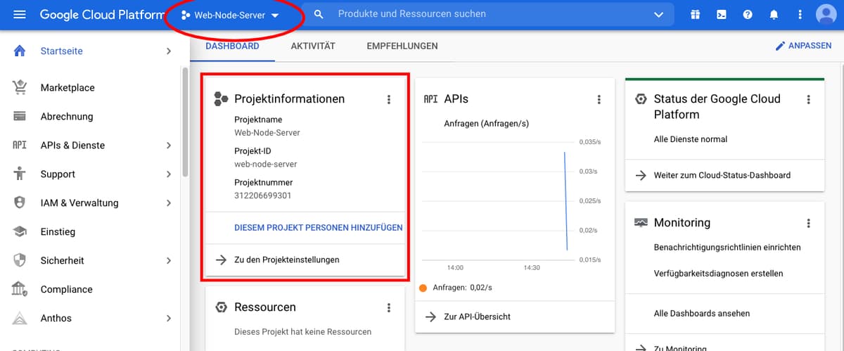 Google-Cloud-Konsole mit neuem Projekt