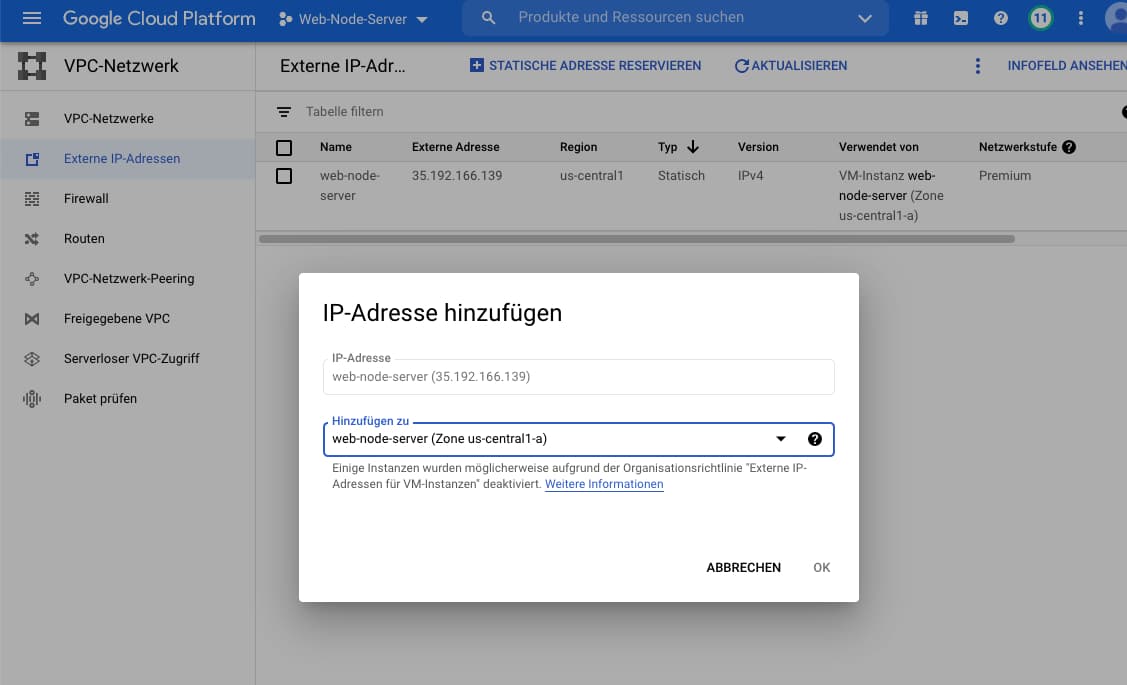 statische Adresse dem Server zuordnen