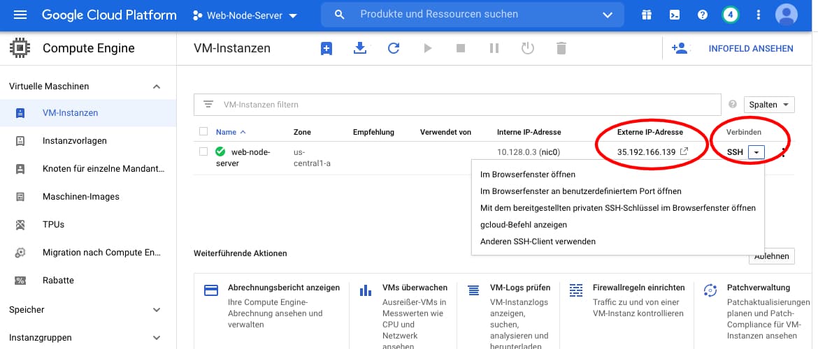 Übersicht der VM-Instanzen